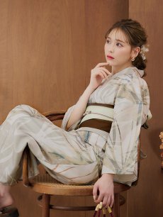 画像4: 【即日発送】【浴衣セール！】ヘルシーリーフ柄ベージュ浴衣 【浴衣3点セット 浴衣/帯/下駄】 [YMT] (4)