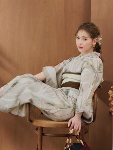 画像3: 【即日発送】【浴衣セール！】ヘルシーリーフ柄ベージュ浴衣 【浴衣3点セット 浴衣/帯/下駄】 [YMT] (3)