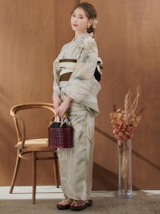 画像16: 【即日発送】【浴衣セール！】ヘルシーリーフ柄ベージュ浴衣 【浴衣3点セット 浴衣/帯/下駄】 [YMT] (16)