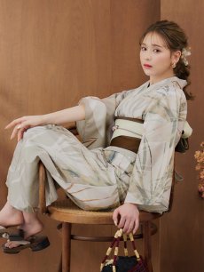 画像6: 【即日発送】【浴衣セール！】ヘルシーリーフ柄ベージュ浴衣 【浴衣3点セット 浴衣/帯/下駄】 [YMT] (6)