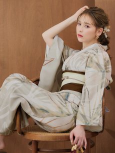 画像5: 【即日発送】【浴衣セール！】ヘルシーリーフ柄ベージュ浴衣 【浴衣3点セット 浴衣/帯/下駄】 [YMT] (5)