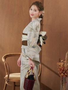 画像8: 【即日発送】【浴衣セール！】ヘルシーリーフ柄ベージュ浴衣 【浴衣3点セット 浴衣/帯/下駄】 [YMT] (8)