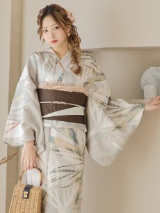 画像12: 【即日発送】【浴衣セール！】ヘルシーリーフ柄ベージュ浴衣 【浴衣3点セット 浴衣/帯/下駄】 [YMT] (12)