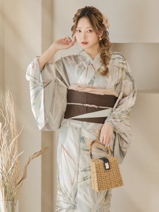 画像2: 【即日発送】【浴衣セール！】ヘルシーリーフ柄ベージュ浴衣 【浴衣3点セット 浴衣/帯/下駄】 [YMT] (2)