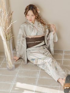 画像3: 【即日発送】【浴衣セール！】ヘルシーリーフ柄ベージュ浴衣 【浴衣3点セット 浴衣/帯/下駄】 [YMT] (3)