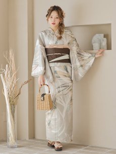 画像4: 【即日発送】【浴衣セール！】ヘルシーリーフ柄ベージュ浴衣 【浴衣3点セット 浴衣/帯/下駄】 [YMT] (4)