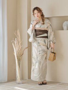 画像7: 【即日発送】【浴衣セール！】ヘルシーリーフ柄ベージュ浴衣 【浴衣3点セット 浴衣/帯/下駄】 [YMT] (7)