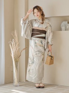 画像9: 【即日発送】【浴衣セール！】ヘルシーリーフ柄ベージュ浴衣 【浴衣3点セット 浴衣/帯/下駄】 [YMT] (9)