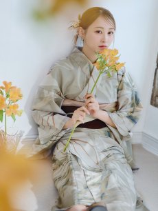 画像13: 【即日発送】【浴衣セール】ヘルシーリーフ柄ベージュ浴衣 【浴衣3点セット 浴衣/帯/下駄】 [YMT] (13)