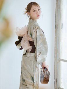 画像3: 【即日発送】【浴衣セール】ヘルシーリーフ柄ベージュ浴衣 【浴衣3点セット 浴衣/帯/下駄】 [YMT] (3)