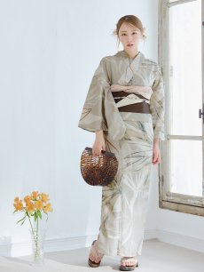 画像4: 【即日発送】【浴衣セール】ヘルシーリーフ柄ベージュ浴衣 【浴衣3点セット 浴衣/帯/下駄】 [YMT] (4)