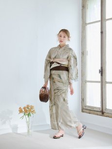 画像5: 【即日発送】【浴衣セール】ヘルシーリーフ柄ベージュ浴衣 【浴衣3点セット 浴衣/帯/下駄】 [YMT] (5)