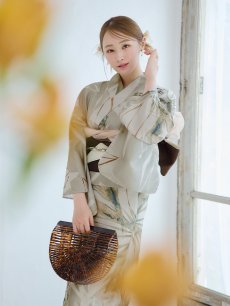 画像9: 【即日発送】【浴衣セール】ヘルシーリーフ柄ベージュ浴衣 【浴衣3点セット 浴衣/帯/下駄】 [YMT] (9)