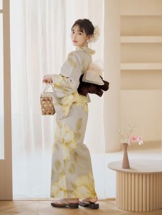画像10: 【即日発送】【浴衣セール】グレージュ×イエローフラワー浴衣 【浴衣3点セット 浴衣/帯/下駄】 [YMT] (10)