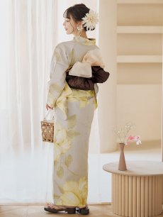 画像11: 【即日発送】【浴衣セール】グレージュ×イエローフラワー浴衣 【浴衣3点セット 浴衣/帯/下駄】 [YMT] (11)