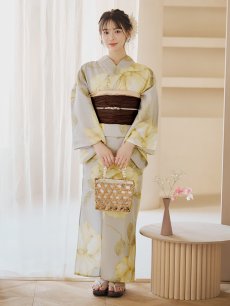 画像12: 【即日発送】【浴衣セール】グレージュ×イエローフラワー浴衣 【浴衣3点セット 浴衣/帯/下駄】 [YMT] (12)