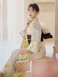 画像14: 【即日発送】【浴衣セール】グレージュ×イエローフラワー浴衣 【浴衣3点セット 浴衣/帯/下駄】 [YMT] (14)