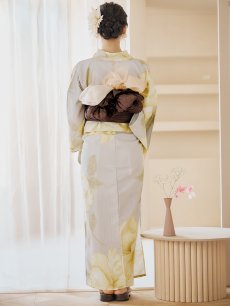 画像18: 【即日発送】【浴衣セール】グレージュ×イエローフラワー浴衣 【浴衣3点セット 浴衣/帯/下駄】 [YMT] (18)