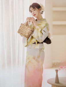 画像5: 【即日発送】【浴衣セール】グレージュ×イエローフラワー浴衣 【浴衣3点セット 浴衣/帯/下駄】 [YMT] (5)