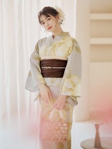 画像6: 【即日発送】【浴衣セール】グレージュ×イエローフラワー浴衣 【浴衣3点セット 浴衣/帯/下駄】 [YMT] (6)