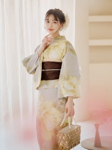 画像7: 【即日発送】【浴衣セール】グレージュ×イエローフラワー浴衣 【浴衣3点セット 浴衣/帯/下駄】 [YMT] (7)