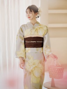 画像8: 【即日発送】【浴衣セール】グレージュ×イエローフラワー浴衣 【浴衣3点セット 浴衣/帯/下駄】 [YMT] (8)