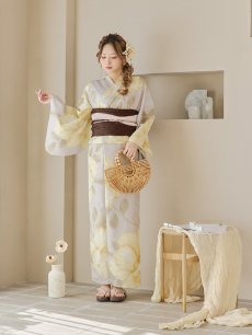 画像10: 【即日発送】【浴衣セール】グレージュ×イエローフラワー浴衣 【浴衣3点セット 浴衣/帯/下駄】 [YMT] (10)