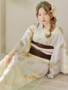 画像11: 【即日発送】【浴衣セール】グレージュ×イエローフラワー浴衣 【浴衣3点セット 浴衣/帯/下駄】 [YMT] (11)