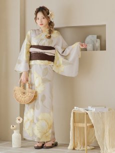 画像12: 【即日発送】【浴衣セール】グレージュ×イエローフラワー浴衣 【浴衣3点セット 浴衣/帯/下駄】 [YMT] (12)