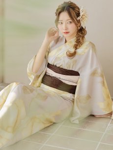 画像13: 【即日発送】【浴衣セール】グレージュ×イエローフラワー浴衣 【浴衣3点セット 浴衣/帯/下駄】 [YMT] (13)
