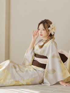 画像14: 【即日発送】【浴衣セール】グレージュ×イエローフラワー浴衣 【浴衣3点セット 浴衣/帯/下駄】 [YMT] (14)
