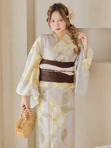 画像15: 【即日発送】【浴衣セール】グレージュ×イエローフラワー浴衣 【浴衣3点セット 浴衣/帯/下駄】 [YMT] (15)