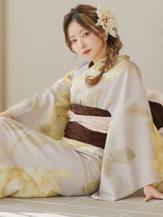 画像17: 【即日発送】【浴衣セール】グレージュ×イエローフラワー浴衣 【浴衣3点セット 浴衣/帯/下駄】 [YMT] (17)