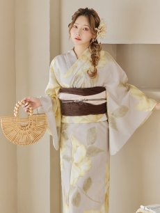 画像18: 【即日発送】【浴衣セール】グレージュ×イエローフラワー浴衣 【浴衣3点セット 浴衣/帯/下駄】 [YMT] (18)