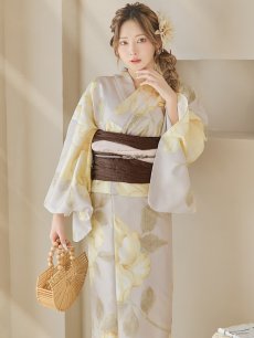 画像2: 【即日発送】【浴衣セール】グレージュ×イエローフラワー浴衣 【浴衣3点セット 浴衣/帯/下駄】 [YMT] (2)