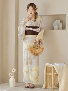 画像4: 【即日発送】【浴衣セール】グレージュ×イエローフラワー浴衣 【浴衣3点セット 浴衣/帯/下駄】 [YMT] (4)