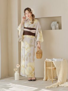 画像5: 【即日発送】【浴衣セール】グレージュ×イエローフラワー浴衣 【浴衣3点セット 浴衣/帯/下駄】 [YMT] (5)