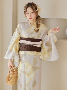 画像6: 【即日発送】【浴衣セール】グレージュ×イエローフラワー浴衣 【浴衣3点セット 浴衣/帯/下駄】 [YMT] (6)