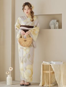画像8: 【即日発送】【浴衣セール】グレージュ×イエローフラワー浴衣 【浴衣3点セット 浴衣/帯/下駄】 [YMT] (8)