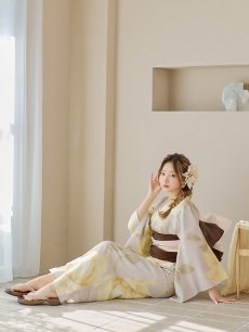 画像9: 【即日発送】【浴衣セール】グレージュ×イエローフラワー浴衣 【浴衣3点セット 浴衣/帯/下駄】 [YMT] (9)