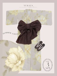 画像25: 【即日発送】【浴衣セール】グレージュ×イエローフラワー浴衣 【浴衣3点セット 浴衣/帯/下駄】 [YMT] (25)