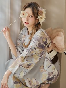 画像3: 【即日発送！】グレージュニュアンスフラワー浴衣 【浴衣3点セット 浴衣/帯/下駄】 [YMT] (3)