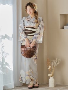 画像4: 【即日発送！】グレージュニュアンスフラワー浴衣 【浴衣3点セット 浴衣/帯/下駄】 [YMT] (4)