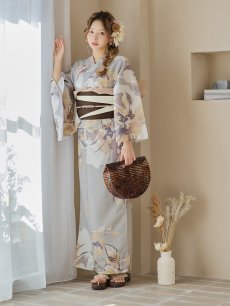 画像9: 【即日発送！】グレージュニュアンスフラワー浴衣 【浴衣3点セット 浴衣/帯/下駄】 [YMT] (9)