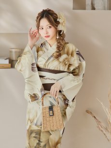 画像1: 【即日発送！】ブラウンベージュクラシックフラワー浴衣 【浴衣3点セット 浴衣/帯/下駄】 [YMT] (1)