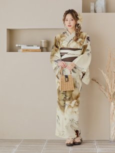 画像11: 【即日発送！】ブラウンベージュクラシックフラワー浴衣 【浴衣3点セット 浴衣/帯/下駄】 [YMT] (11)