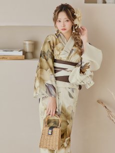 画像17: 【即日発送！】ブラウンベージュクラシックフラワー浴衣 【浴衣3点セット 浴衣/帯/下駄】 [YMT] (17)