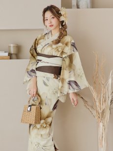 画像3: 【即日発送！】ブラウンベージュクラシックフラワー浴衣 【浴衣3点セット 浴衣/帯/下駄】 [YMT] (3)