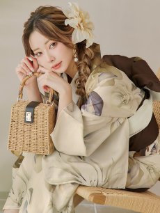画像5: 【即日発送！】ブラウンベージュクラシックフラワー浴衣 【浴衣3点セット 浴衣/帯/下駄】 [YMT] (5)