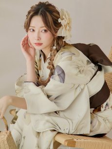 画像7: 【即日発送！】ブラウンベージュクラシックフラワー浴衣 【浴衣3点セット 浴衣/帯/下駄】 [YMT] (7)